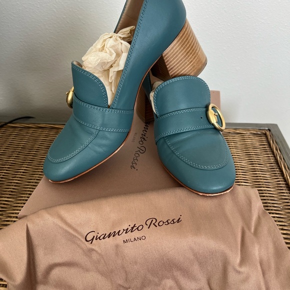 Gianvito Rossi Teal Leather Block Heels - Picture 1 of 1